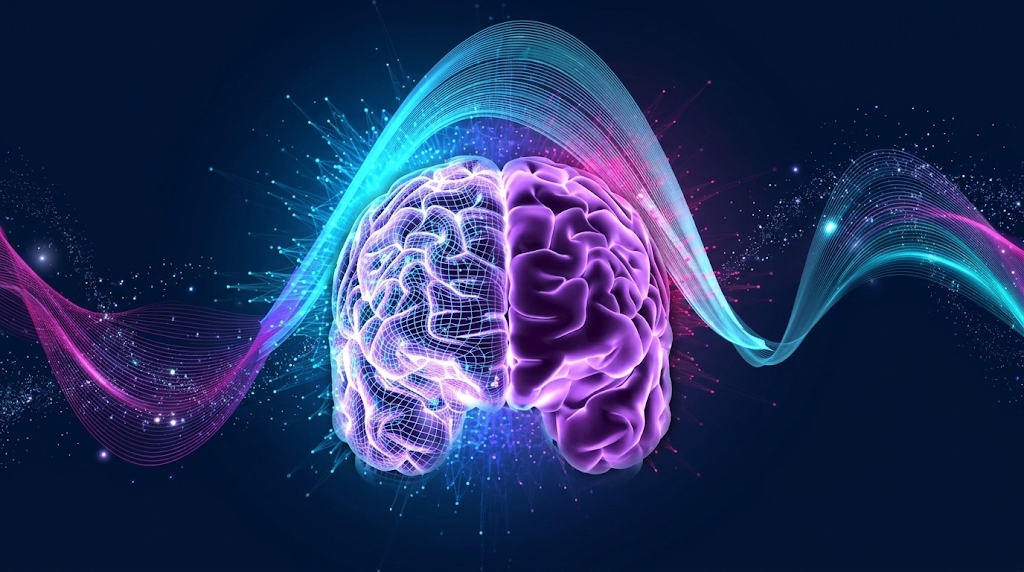 Digital glowing human brain split into neural network geometry and biological matter representing artificial intelligence versus consciousness