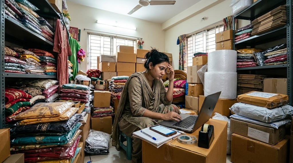 Stressed F-commerce SME owner in Bangladesh managing inventory, packaging, and messages on a laptop